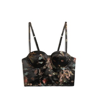 Superdry Corset top with black satin floral embroidery