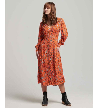 Superdry Orange bedrucktes Midi-Kleid mit V-Ausschnitt V-Ausschnitt