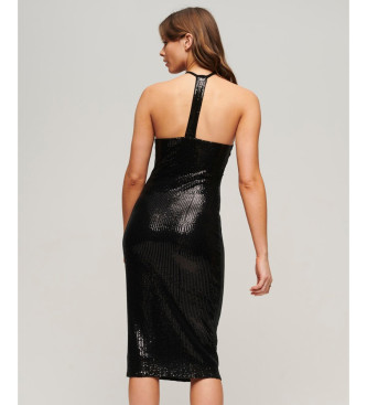 Superdry Midi-jurk met halternek in zwarte pailletten