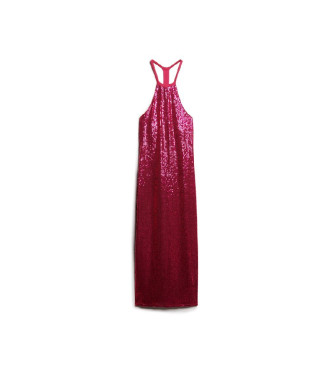 Superdry Różowa sukienka midi z cekinowym dekoltem w szpic