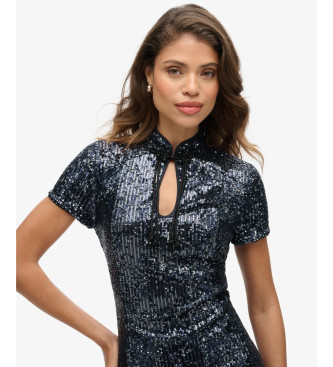 Superdry Black midi dress with sequins and mao collar