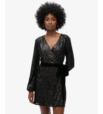 Superdry Sequin Velvet Wrap-klänning svart