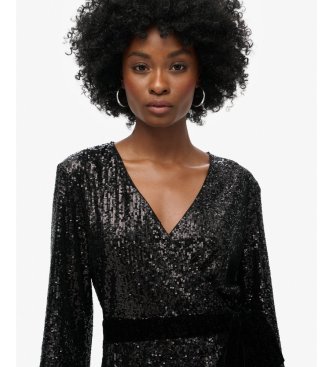 Superdry Sequin Velvet Wrap-klänning svart