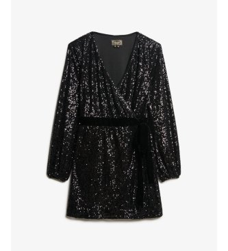 Superdry Sequin Velvet Wrap-klänning svart