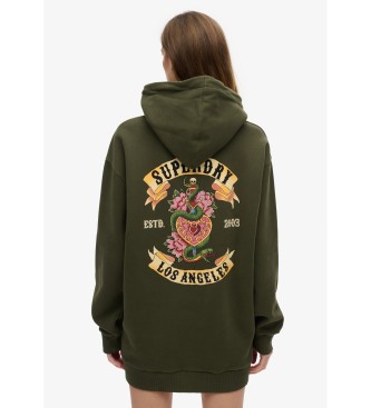 Superdry Hooded Dress With Rhinestones Tattoo green