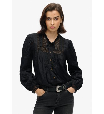 Superdry Kanten blouse met lange mouwen zwart