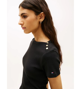 Tommy Hilfiger Wąska koszulka z dekoltem w łódkę i guzikami, czarna
