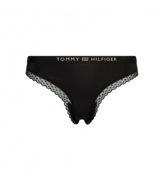 Tommy Hilfiger Tanga met logo en ton-sur-ton kant zwart