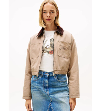 Tommy Jeans Cropped quilted jacket with beige logo