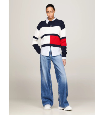 Tommy Jeans Maglione cropped color block con toppa bianca, blu navy