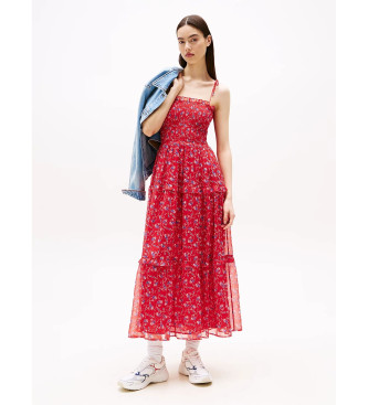 Tommy Jeans Vestido largo cruzado de gasa floral rojo