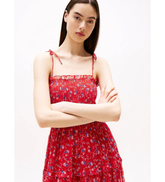 Tommy Jeans Vestido largo cruzado de gasa floral rojo