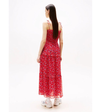 Tommy Jeans Vestido largo cruzado de gasa floral rojo