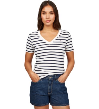 Tommy Hilfiger T-shirt bianca e blu navy a maniche corte con scollo a V