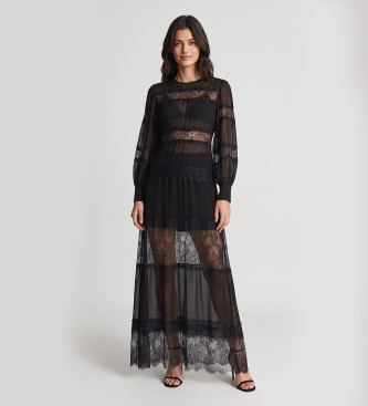 Twinset Lang georgette-kjole med sort blonde