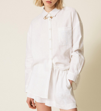 Twinset Blusa camisera de lino con logo bordado blanco