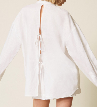 Twinset Blusa camisera de lino con logo bordado blanco
