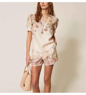 Twinset Blusa Manica Corta de lino multicolor