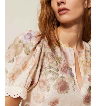 Twinset Blusa Manica Corta de lino multicolor