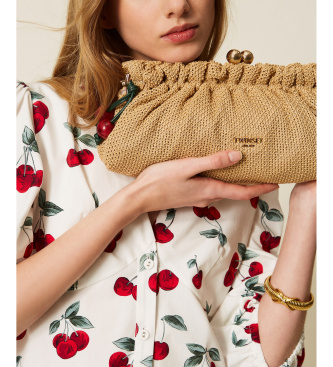 Twinset Pochette in rafia beige con ciondolo