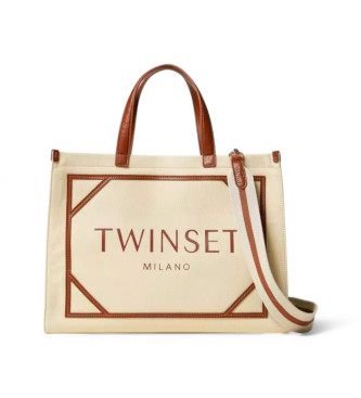 Twinset Bolso shopper de lona con logotipo beige oscuro