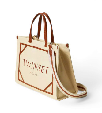 Twinset Bolso shopper de lona con logotipo beige oscuro