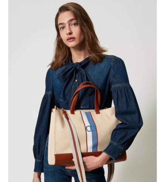 Twinset Canvas shopper bag with beige Oval T