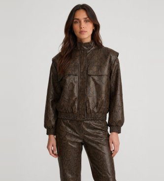 Twinset Bomberjack met leereffect en bruine pythonprint