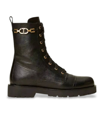 Twinset Black leather ankle boots with chain and Oval T black