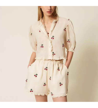 Twinset Short ramie shirt with beige embroidered cherries