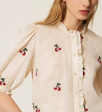 Twinset Short ramie shirt with beige embroidered cherries