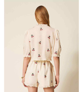 Twinset Short ramie shirt with beige embroidered cherries
