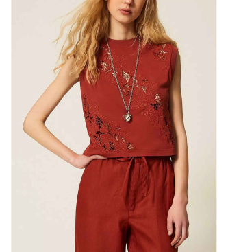 Twinset T-shirt with reddish Swiss embroidery