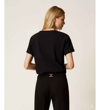 Twinset Ovales T-Shirt mit Flockdruck T schwarz
