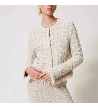 Twinset Beigefarbene Strickjacke aus Jacquard und Lurexjersey