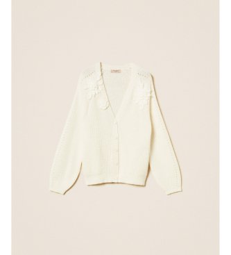 Twinset Cardigan med hæklede blomster i perlehvid