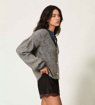 Twinset Vzor?ast pulover-kardigan iz me?anice mohairja, sive barve