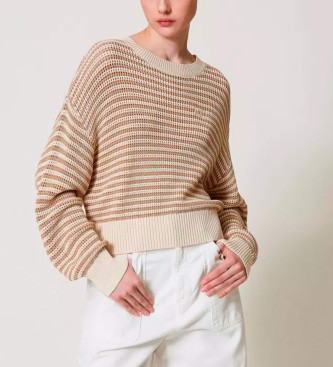 Twinset Maglione a righe con ricamo Oval T beige