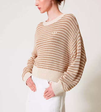 Twinset Maglione a righe con ricamo Oval T beige