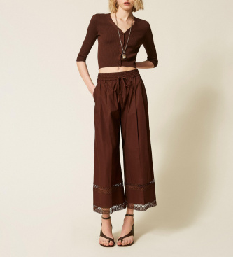 Twinset Cal�as largas de popelina com bordado castanho