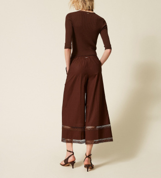 Twinset Cal�as largas de popelina com bordado castanho