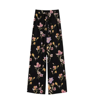 Twinset Calas cargo em crepe de chine com flores e cintura elstica preta