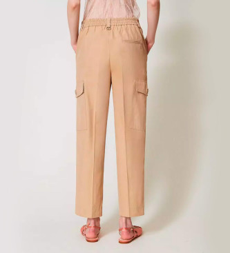 Twinset Pantalon cargo en gabardine de coton mlang beige