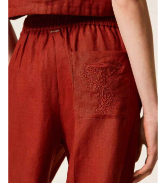 Twinset Pantal�n de lino con logotipo bordado granate