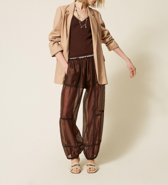 Twinset Brown lace chiffon jogger trousers