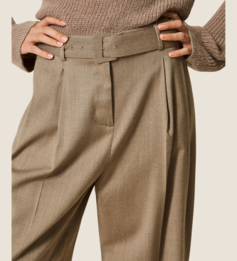 Twinset Pantalón palazzo de raso mate marrón 