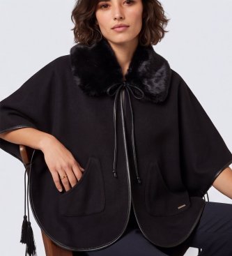 Twinset Poncho di panno con collo in pelliccia sintetica nero