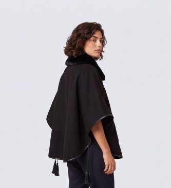 Twinset Poncho di panno con collo in pelliccia sintetica nero