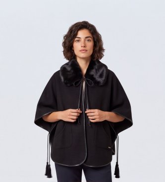 Twinset Poncho di panno con collo in pelliccia sintetica nero