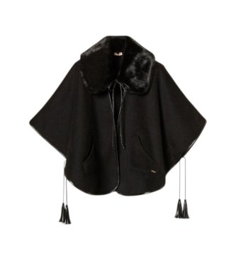 Twinset Poncho di panno con collo in pelliccia sintetica nero